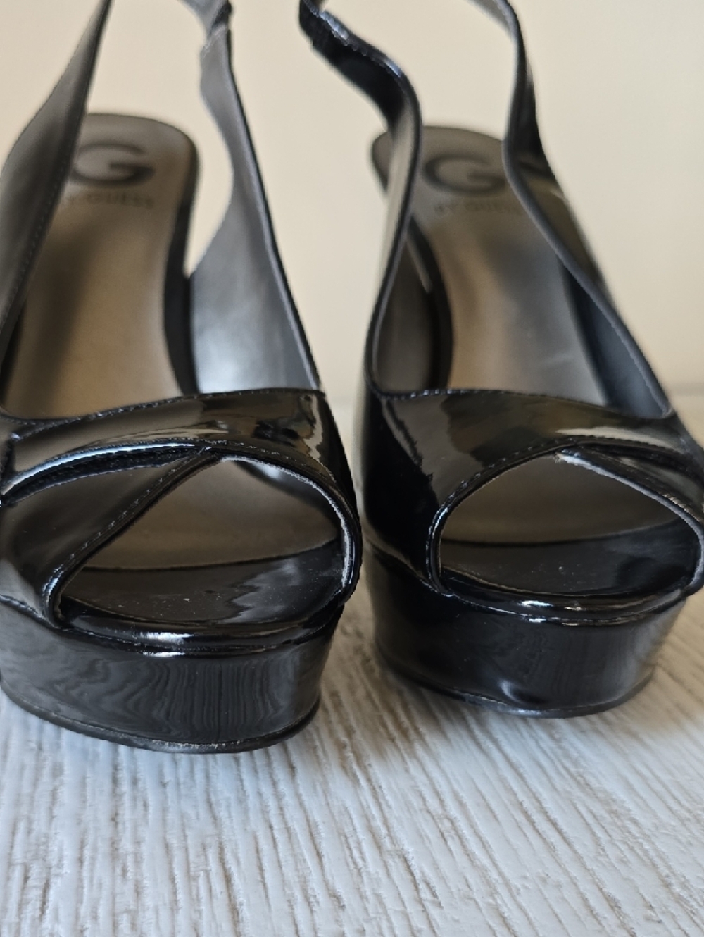 G by Guess Black Patent Peep-Toe Slingback Wedges - Picture 7 of 10